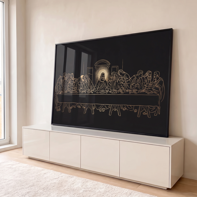 Santa Ceia em traço dourado fino sobre fundo preto, Jesus com auréola e apóstolos à mesa, quadro decorativo