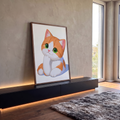 Gatinho laranja e branco de olhos verdes com a patinha no queixo em ilustração fofa, quadro decorativo