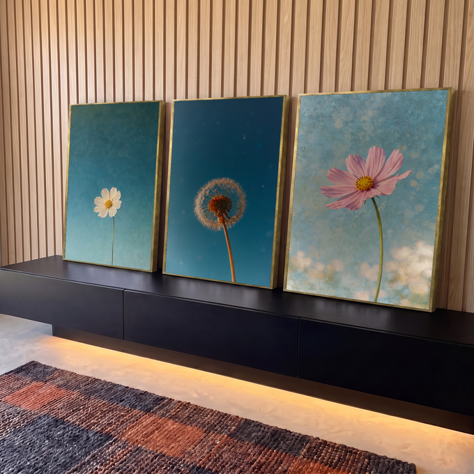 Quadro Decorativo Kit 3 Telas Flores Brancas para Sala Azul | quadros decorativos para sala | tríptico com cosmos branca, dente-de-leão e cosmos rosa sobre fundos azuis | em Quadros para Sala | Porao dos Quadros