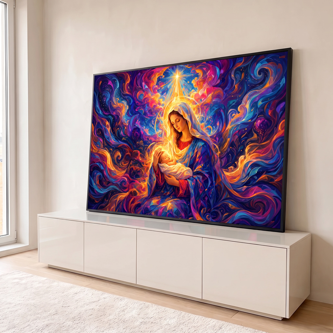 Quadro Decorativo Grande Nossa Senhora Roxo para Sala Azul | quadros decorativos para sala | Nossa Senhora com o Menino Jesus sob estrela brilhante em fundo colorido abstrato | em Quadros para Sala | Porao dos Quadros