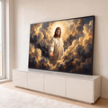 Jesus Cristo de manto branco com a mão estendida entre nuvens douradas e luz divina, quadro decorativo