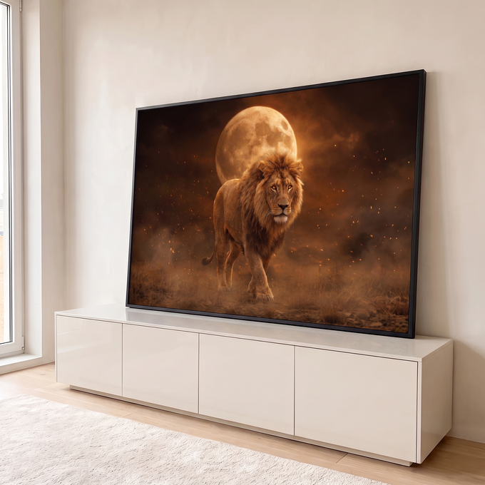 Quadro Decorativo Grande Leão Caminhando para Sala Laranja | quadros decorativos para sala | leão caminhando com juba dourada diante de uma lua cheia em cena enevoada | em Quadros para Sala | Porao dos Quadros
