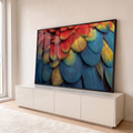 Quadro Decorativo Grande Penas de Arara Vermelho para Sala | quadros decorativos para sala | close extremo de penas de arara em vermelho, dourado e azul petróleo | em Quadros para Sala | Porao dos Quadros