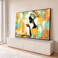 Mulher africana de turbante tomando café em pinceladas laranja e verde-água, quadro decorativo