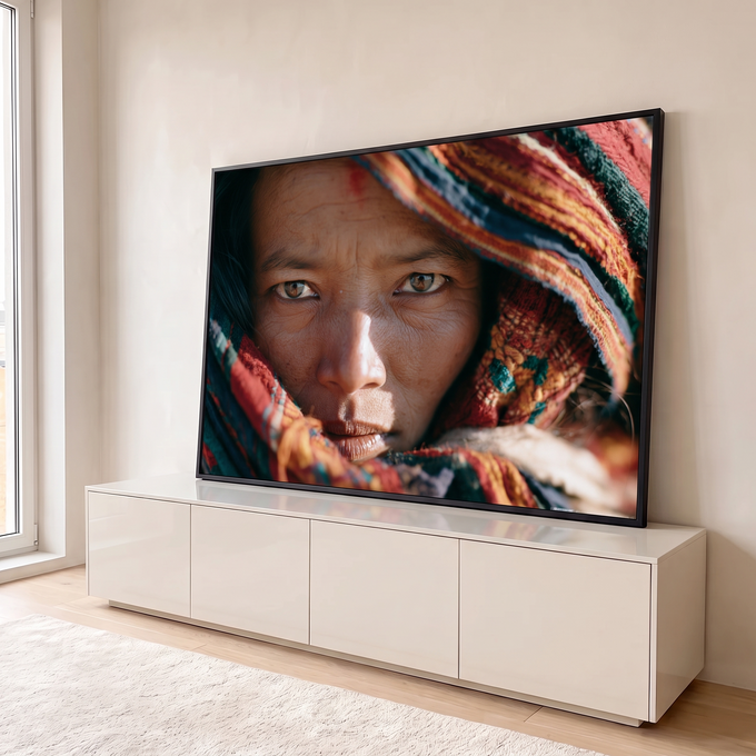Quadro Decorativo Retrato de Mulher com Lenço Colorido | quadros decorativos para sala | close do rosto de uma mulher com lenço colorido e olhar intenso | em Quadros para Sala | Porao dos Quadros