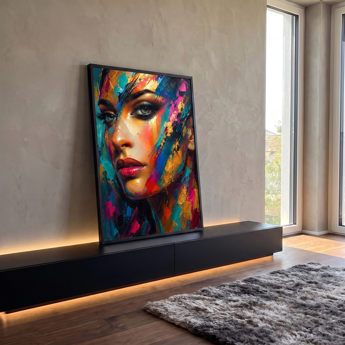 Quadro Decorativo Grande Rosto Feminino para Sala Dourado | quadros decorativos para sala | retrato de mulher em pinceladas coloridas douradas, turquesa e rosa com olhos marcantes | em Quadros para Sala | Porao dos Quadros
