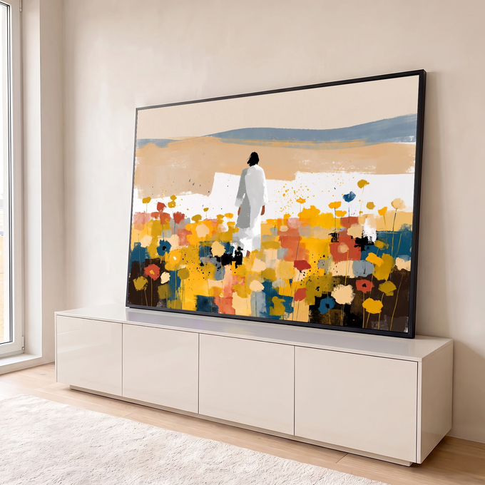 Quadro Decorativo Grande Figura em Túnica para Sala Branco | quadros decorativos para sala | figura de túnica branca de costas em campo florido colorido com colinas ao fundo | em Quadros para Sala | Porao dos Quadros