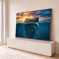 Ilha ao pôr do sol sobre cabeça de estátua grega submersa no oceano azul, arte surreal, quadro decorativo