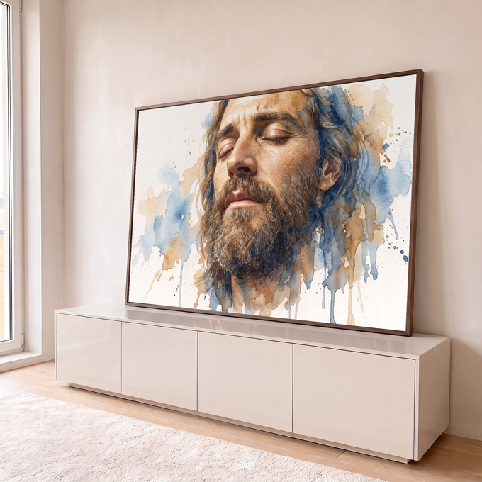 Quadro Decorativo Grande Rosto de Jesus para Sala Azul | quadros decorativos para sala | rosto masculino de olhos fechados com barba longa em aquarela azul e bege | em Quadros para Sala | Porao dos Quadros