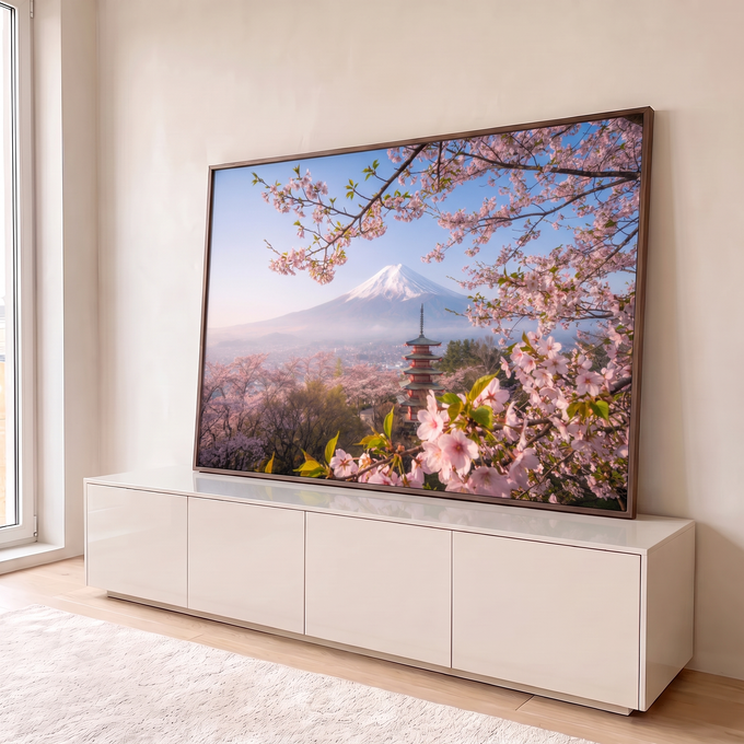 Monte Fuji nevado com pagoda vermelha e galhos de cerejeira em flor rosa na primavera, quadro decorativo