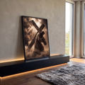 Quadro Decorativo Grande Jesus Carregando para Sala Marrom | quadros decorativos para sala | Jesus com coroa de espinhos carregando cruz de madeira sob nuvens e luz divina | em Quadros para Sala | Porao dos Quadros
