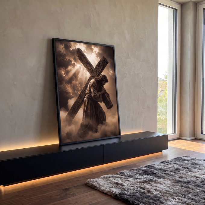 Quadro Decorativo Grande Jesus Carregando para Sala Marrom | quadros decorativos para sala | Jesus com coroa de espinhos carregando cruz de madeira sob nuvens e luz divina | em Quadros para Sala | Porao dos Quadros
