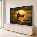 Quadro Decorativo Grande Jesus Milagre Biblico para Sala | quadros decorativos para sala | Jesus caminhando sobre o mar em direção a um barco, céu dourado dramático | em Quadros para Sala | Porao dos Quadros