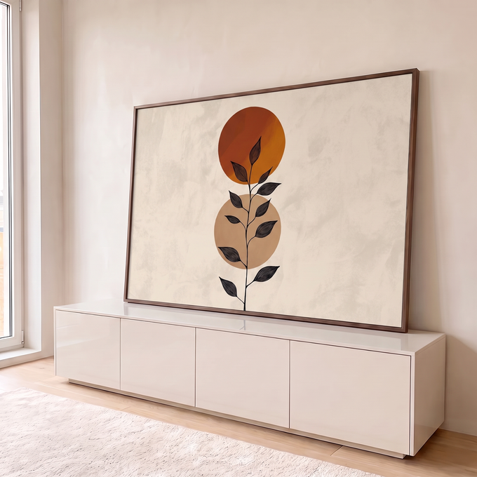Quadro Decorativo Grande Ramo Preto para Sala Laranja | quadros decorativos para sala | ramo preto com folhas sobre dois círculos em tons de laranja e bege | em Quadros para Sala | Porao dos Quadros