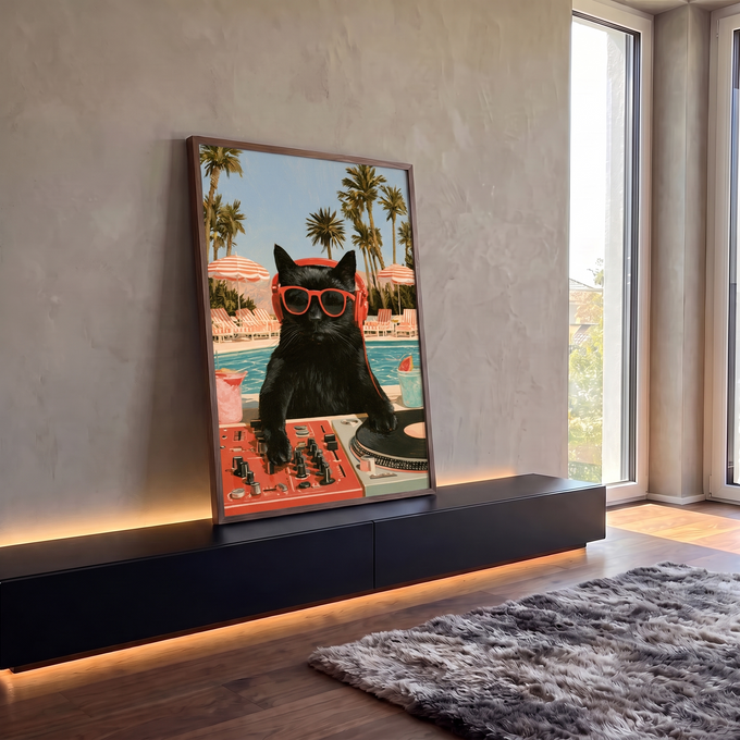 Quadro Decorativo Gato DJ de Óculos Vermelhos na Piscina | quadros decorativos para sala | gato preto de óculos e fone vermelhos em cena de DJ à beira da piscina | em Quadros para Sala | Porao dos Quadros