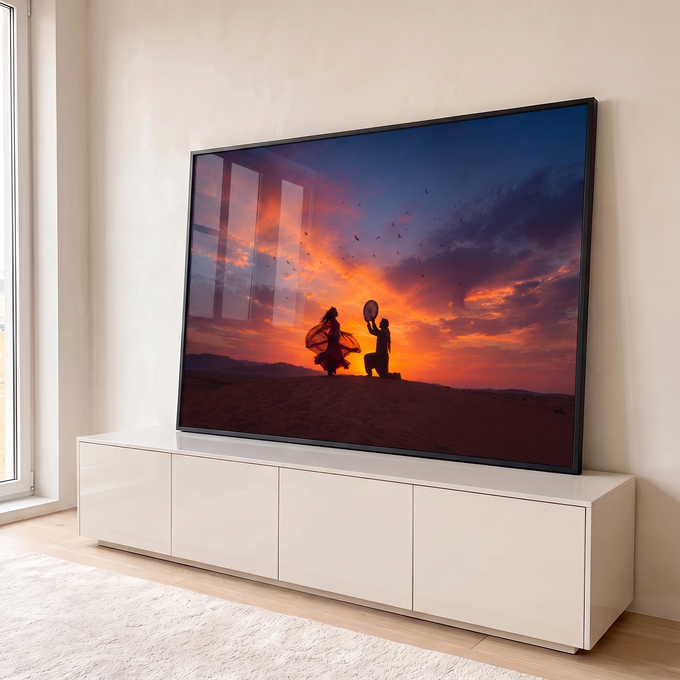 Quadro Decorativo Grande Dançarina e Músico para Sala | quadros decorativos para sala | silhuetas de dançarina e músico em duna ao pôr do sol com pássaros voando | em Quadros para Sala | Porao dos Quadros