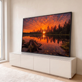 Quadro Decorativo Grande Pôr do Sol Lago para Sala | quadros decorativos para sala | pôr do sol laranja refletido num lago cercado de pinheiros silhuetados | em Quadros para Sala | Porao dos Quadros