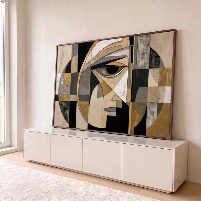 Quadro Decorativo Grande Rosto Geométrico para Sala Bege | quadros decorativos para sala | rosto abstrato em formas geométricas com olho em destaque, tons bege, preto e dourado | em Quadros para Sala | Porao dos Quadros