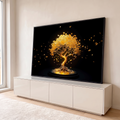 Quadro Decorativo Grande Árvore Dourada Natureza para Sala | quadros decorativos para sala | árvore dourada brilhante com folhas flutuantes sobre fundo preto | em Quadros para Sala | Porao dos Quadros
