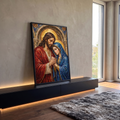 Jesus de manto vermelho e Maria de véu azul em mosaico com auréolas douradas, quadro decorativo