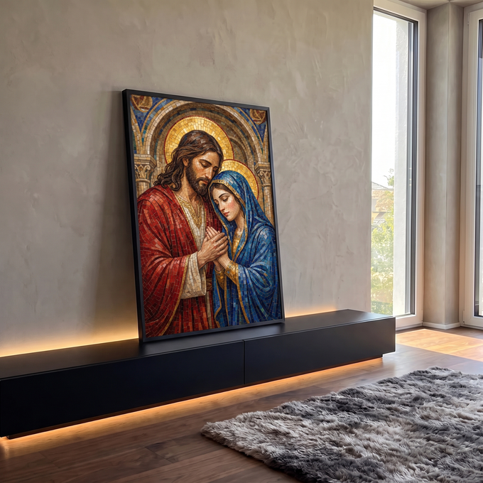 Jesus de manto vermelho e Maria de véu azul em mosaico com auréolas douradas, quadro decorativo