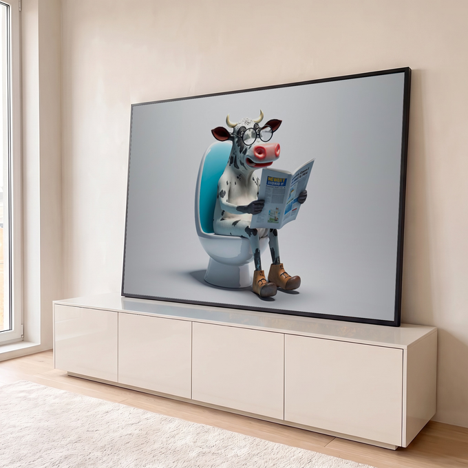 Quadro Decorativo Vaca Engraçada Lendo para Banheiro Branco | quadros decorativos para sala | vaca com óculos e botas lendo revista sentada em vaso sanitário azul e branco | em Quadros para Banheiro | Porao dos Quadros