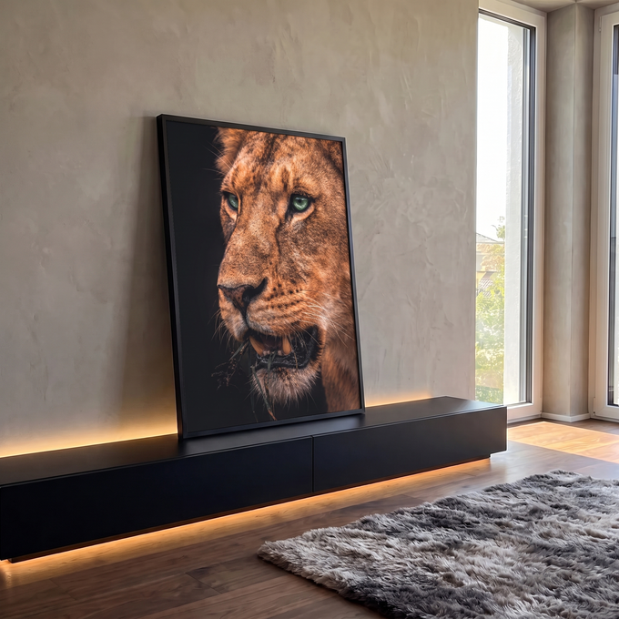 Close de leoa com olhos verdes e capim na boca em fundo preto, pelagem marrom dourada, quadro decorativo