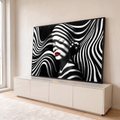 Quadro Decorativo Grande Rosto Feminino Listras para Sala | quadros decorativos para sala | rosto feminino com olhos fechados coberto por listras pretas e brancas e batom vermelho | em Quadros para Sala | Porao dos Quadros