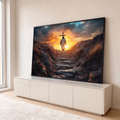 Quadro Decorativo Grande Jesus Caminhando Laranja para Sala | quadros decorativos para sala | figura de túnica branca caminha rumo a uma cruz sob pôr do sol dramático | em Quadros para Sala | Porao dos Quadros