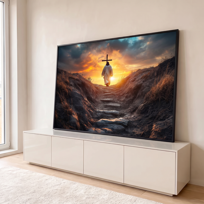 Quadro Decorativo Grande Jesus Caminhando Laranja para Sala | quadros decorativos para sala | figura de túnica branca caminha rumo a uma cruz sob pôr do sol dramático | em Quadros para Sala | Porao dos Quadros