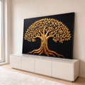 Quadro Decorativo Grande Árvore da Vida para Sala Dourado | quadros decorativos para sala | árvore dourada em relevo com raízes e copa cheia de folhas sobre fundo preto | em Quadros para Sala | Porao dos Quadros