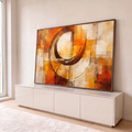 Pintura abstrata com arcos marrons e linhas finas sobre blocos laranja e bege, quadro decorativo