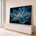Quadro Decorativo Grande Flor Translúcida Azul para Sala | quadros decorativos para sala | flor abstrata azul translúcida com pistilos dourados sobre fundo preto estrelado | em Quadros para Sala | Porao dos Quadros