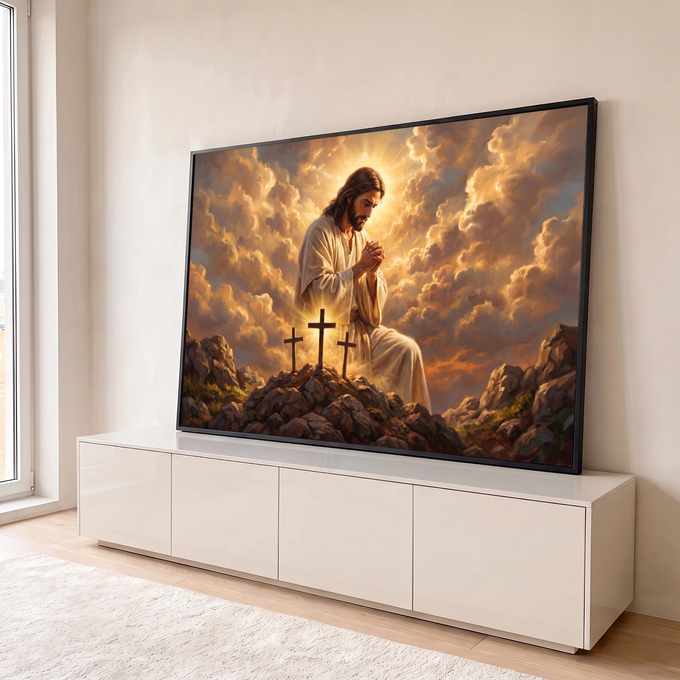 Jesus orando entre nuvens douradas e três cruzes iluminadas no monte, quadro decorativo