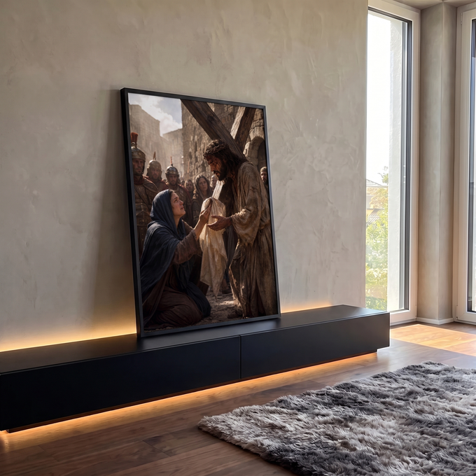 Quadro Decorativo Grande Jesus Carregando Cruz para Sala | quadros decorativos para sala | Jesus carregando a cruz com coroa de espinhos recebe pano de mulher ajoelhada | em Quadros para Sala | Porao dos Quadros