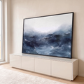 Quadro Decorativo Grande Mar Tempestuoso para Sala Azul | quadros decorativos para sala | mar abstrato em azul-marinho com ondas e céu branco nublado | em Quadros para Sala | Porao dos Quadros