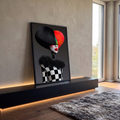 Mulher surreal de cabelo preto, batom vermelho e roupa xadrez preto e branco, quadro decorativo