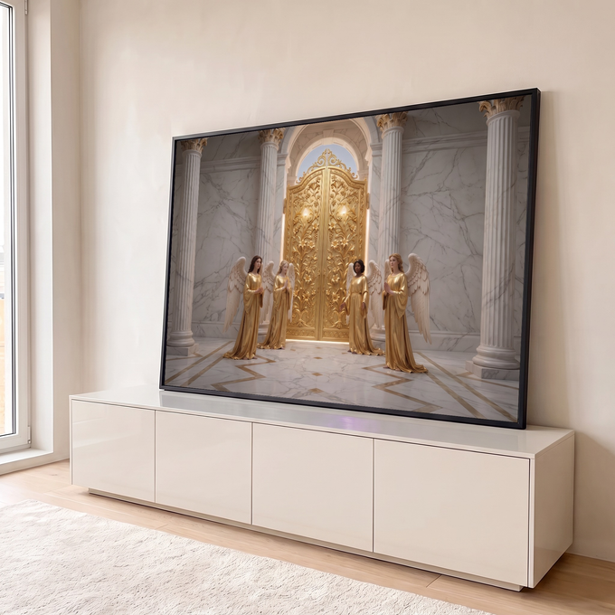 Quadro Decorativo Grande Anjos Dourados Dourado para Sala | quadros decorativos para sala | quatro anjos com túnicas douradas e asas brancas diante de um portão dourado ornamentado | em Quadros para Sala | Porao dos Quadros