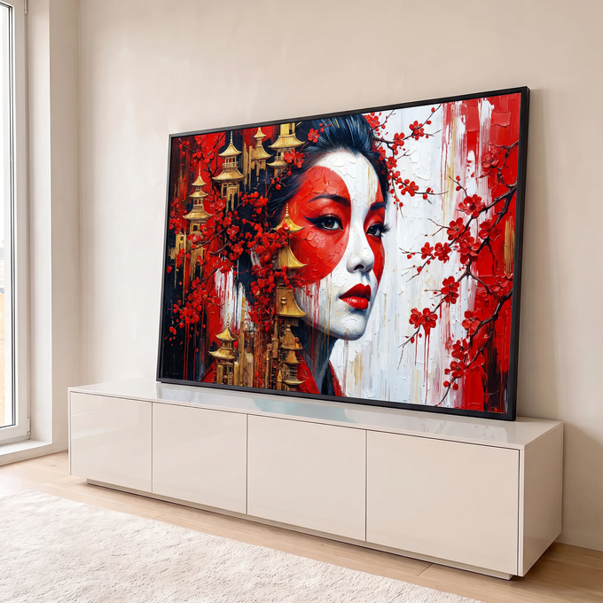 Quadro Decorativo Grande Gueixa para Sala Vermelho | quadros decorativos para sala | rosto feminino pintado de vermelho e branco com cerejeiras e pagodes dourados | em Quadros para Sala | Porao dos Quadros
