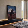 Quadro Decorativo Grande Cavalo Negro Preto para Sala | quadros decorativos para sala | cavalo preto de crina longa caminhando em campo de flores vermelhas ao entardecer | em Quadros para Sala | Porao dos Quadros