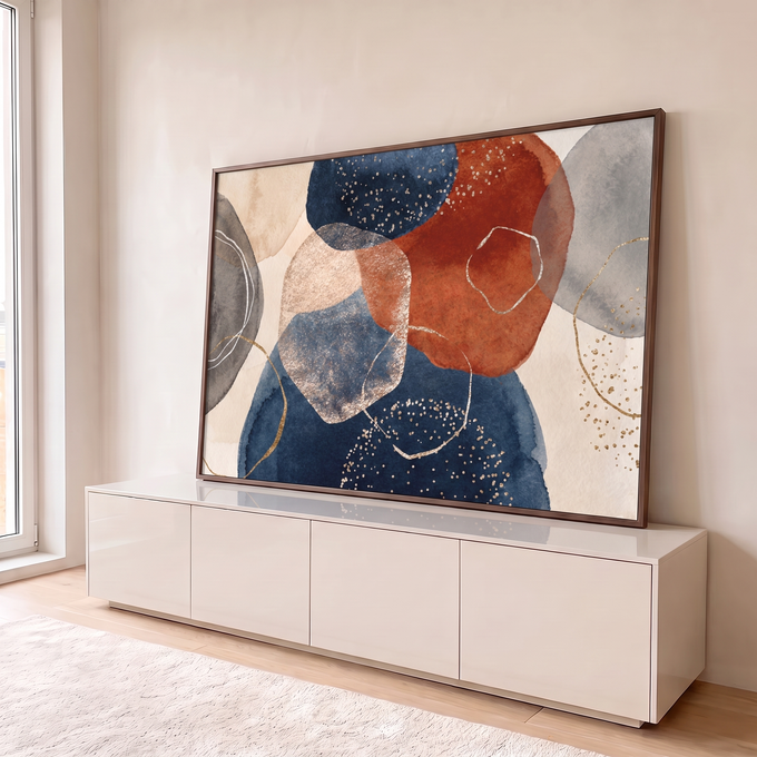 Formas orgânicas em aquarela azul marinho, terracota e bege com linhas e pontos dourados, quadro decorativo