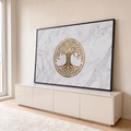 Quadro Decorativo Grande Árvore da Vida Nós Celtas para Sala | quadros decorativos para sala | árvore da vida dourada com raízes em nós celtas sobre fundo de mármore branco | em Quadros para Sala | Porao dos Quadros