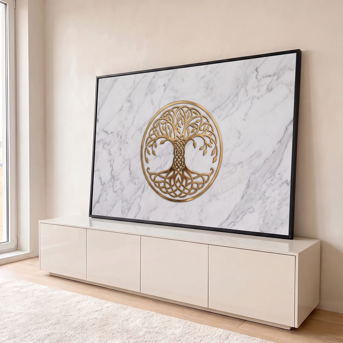 Quadro Decorativo Grande Árvore da Vida Nós Celtas para Sala | quadros decorativos para sala | árvore da vida dourada com raízes em nós celtas sobre fundo de mármore branco | em Quadros para Sala | Porao dos Quadros