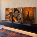 Quadro Decorativo Kit 3 Telas Leopardo Corujas para Sala | quadros decorativos para sala | leopardo na savana, filhotes de coruja em árvore e copa de outono em laranja | em Quadros para Sala | Porao dos Quadros