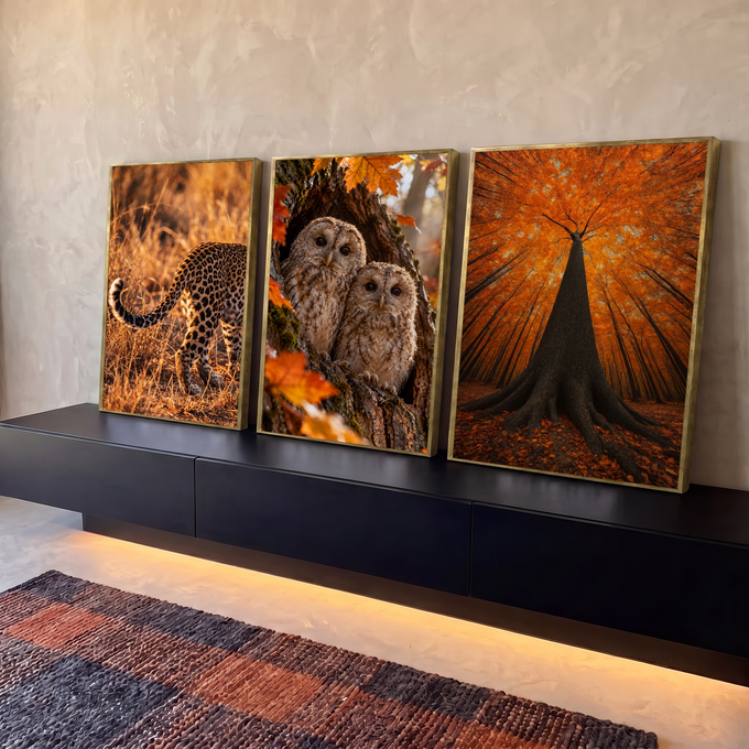 Quadro Decorativo Kit 3 Telas Leopardo Corujas para Sala | quadros decorativos para sala | leopardo na savana, filhotes de coruja em árvore e copa de outono em laranja | em Quadros para Sala | Porao dos Quadros