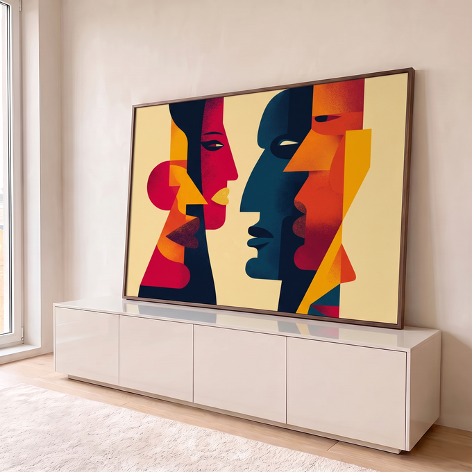 Quadro Decorativo Grande Rostos Geométricos para Sala | quadros decorativos para sala | três rostos geométricos em perfil nas cores vermelho, azul e laranja sobre fundo bege | em Quadros para Sala | Porao dos Quadros