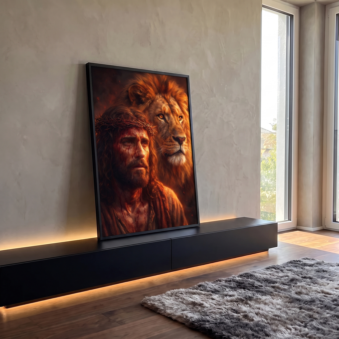 Quadro Decorativo Grande Jesus para Sala Dourado | quadros decorativos para sala | retrato de Jesus com coroa de espinhos ao lado de leão dourado em tons de fogo | em Quadros para Sala | Porao dos Quadros
