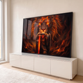 Quadro Decorativo Grande Leão em Chamas para Sala Laranja | quadros decorativos para sala | leão gigante em chamas atrás de guerreiro em armadura com espada flamejante | em Quadros para Sala | Porao dos Quadros