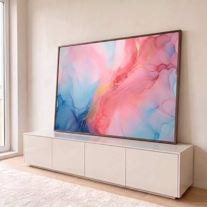 Quadro Decorativo Grande Abstrato Fluido Azul para Sala Rosa | quadros decorativos para sala | arte abstrata fluida em rosa, azul e dourado com efeito de mármore líquido | em Quadros para Sala | Porao dos Quadros