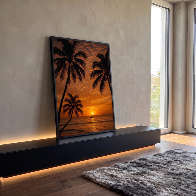 Quadro Decorativo Grande Pôr do Sol Palmeiras para Sala | quadros decorativos para sala | silhueta de palmeiras contra céu laranja de pôr do sol com barco ao longe | em Quadros para Sala | Porao dos Quadros